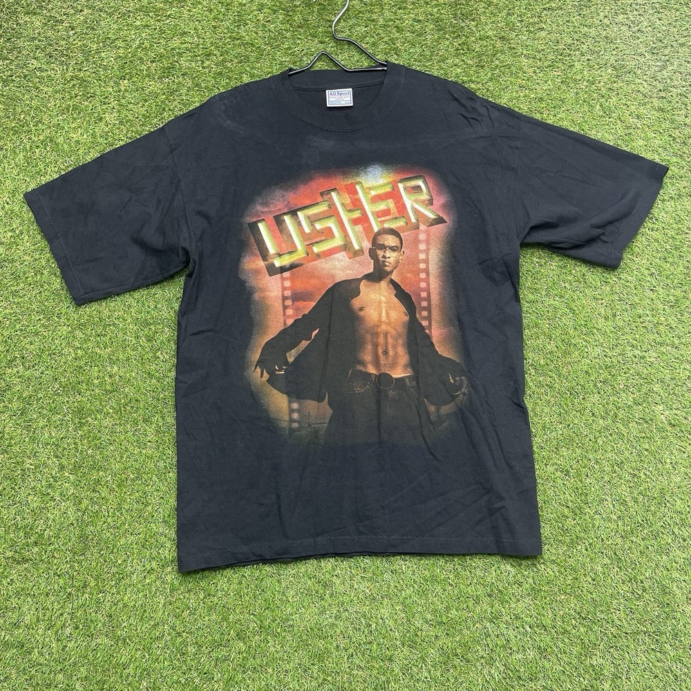 Vintage USHER Evolution Tour Shirt Mens Large Black 2002 R&B 87 Hip Hop Rap Tee